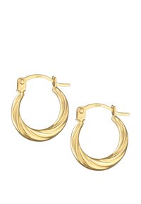 Goldfarbene Creolen mit einem gedrehten Design, das eine glatte Oberfläche und einen sicheren Verschluss bietet. Durchmesser und Textur sorgen für einen modernen Look.