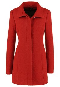 Manteau pour femme en mélange de laine rouge, manches longues, col, boutons avant dissimulés et silhouette ajustée.
