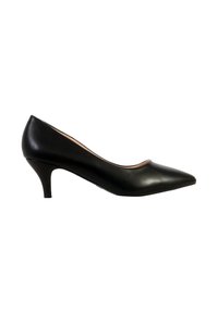 Escarpin pour femme en cuir noir à bout pointu avec un petit talon effilé sur fond blanc.