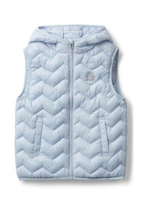 Světle modrá prošívaná bezrukávová vesta s předním zipem, kapucí, bočními kapsami a malým vyšitým logem na prsou.