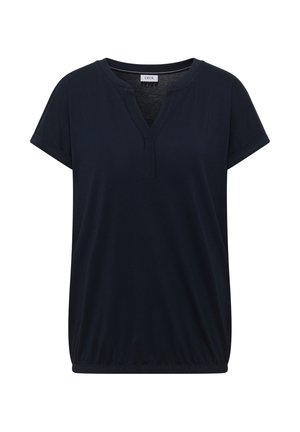 Merensininen lyhythihainen pusero, jossa on V-mallinen leikkaus kaula-aukossa ja joustava helma, valmistettu kevyestä kankaasta.