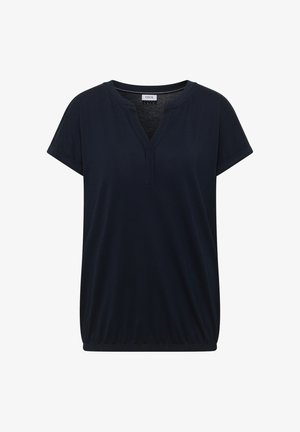 Blusa de manga corta azul marino con escote en V con muesca y dobladillo elástico, hecha de tela ligera.