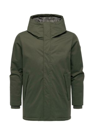 Groene winterjas met een capuchon, zijzakken, een verstelbare rits aan de voorkant bedekt met een flap en rib gebreide manchetten.