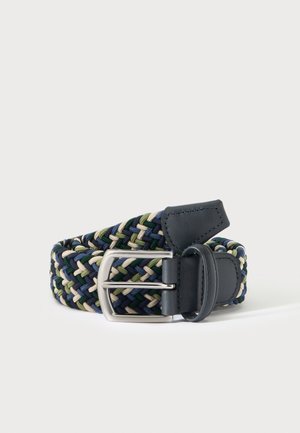 Braided fabric belt with navy, green, beige, and light blue strands, and a silver metal buckle with black leather accents.