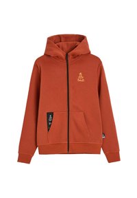 Bluza z kapturem na zamek w kolorze rdzawym pomarańczowym, z dużymi przednimi kieszeniami, czarnym zamkiem i małym logo Dakar na lewej piersi oraz kieszeni.