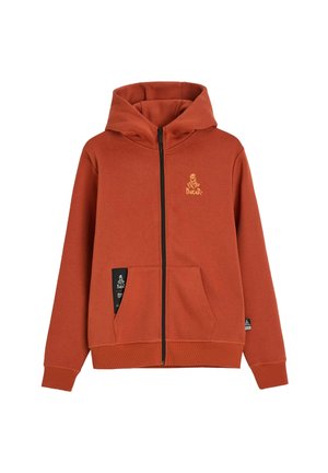 Bluza z kapturem na zamek w kolorze rdzawym pomarańczowym, z dużymi przednimi kieszeniami, czarnym zamkiem i małym logo Dakar na lewej piersi oraz kieszeni.