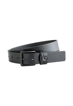 Black leather belt with a matte black rectangular buckle, rolled up with several adjustment holes visible on the strap.