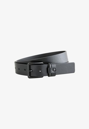 Black leather belt with a matte black rectangular buckle, rolled up with several adjustment holes visible on the strap.