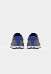 Gray fabric sneakers with blue accents, white rubber soles, and a branded logo on the heel. Rounded toe and low-profile design.