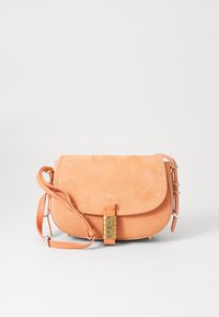 Borsa crossbody in suede pesca con chiusura a patta, accessori in tonazione oro e tracolla regolabile. Presenta un logo sulla parte anteriore.