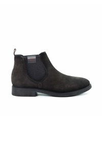Dunkelgraue Wildleder-Ankle-Boots mit elastischen Seitenpaneelen, runder Zehenform und strukturierten Details. Sie verfügen über eine Zuglasche an der Rückseite und eine flache Gummisohle.