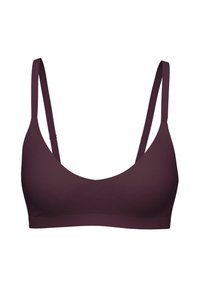 Paarse bh met een diepe halslijn, dunne verstelbare bandjes en een gladde, rekbare stof. Heeft een naadloos ontwerp zonder voering.