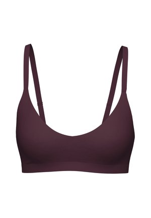 Purple bra with a deep neckline, thin adjustable straps, and a smooth, stretchy fabric. Features a seamless design with no padding.