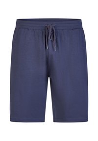 Pantalones cortos azul marino hechos de un tejido suave, con una cintura elástica con cordón y sin patrones o acentos visibles.
