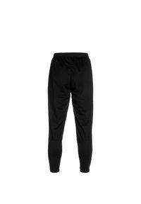 Pantalons de sport noirs avec une taille élastique, des jambes fuselées et des poignets ajustés. Tissu lisse et extensible sans motifs ni détails visibles.