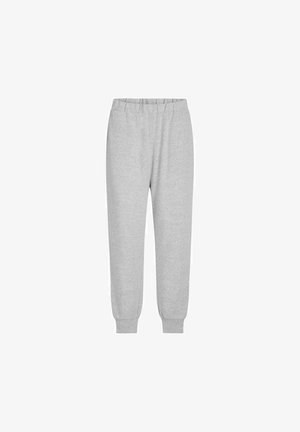 Graue Sweatpants aus weichem Material, mit elastischem Bund und gerippten Knöchelbündchen, konzipiert für Komfort und Bewegungsfreiheit.