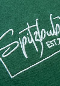 Gesticktes Logo auf grünem Stoff mit geschwungenem Text in weißem Faden, wobei "EST." sichtbar ist und die besondere Struktur der Stickerei hervorhebt.