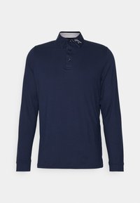 Navy long-sleeve polo shirt made of soft fabric, featuring a classic collar, three-button placket, and subtle branding on the collar.