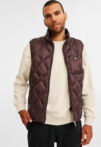 Mand iført en mørkebrun quiltet vest over en beige sweatshirt, med den ene hånd i lommen på sorte bukser, vendt fremad mod en hvid baggrund.