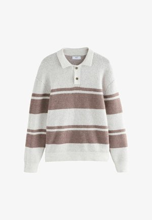 Sweter dziany z kołnierzykiem, z poziomymi paskami w jasnoszarym i stonowanym różowym kolorze. Plisa na trzy guziki; teksturowana tkanina.