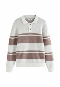 Strickpullover mit Kragen, der horizontale Streifen in Hellgrau und gedämpftem Rosa zeigt. Drei-Knopf-Leiste; strukturierter Stoff.