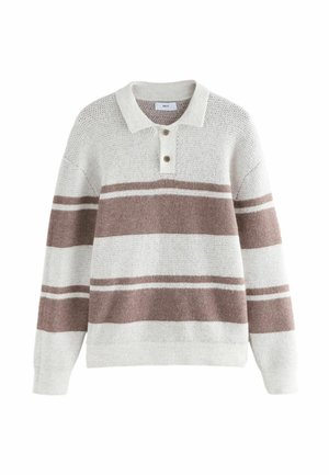 Knit pullover with a collared neckline, featuring horizontal stripes in light gray and muted pink. Three-button placket; textured fabric.