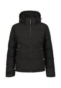 Black puffer jacket with a high collar, adjustable hood, dual side zippers, and a logo on the chest. Smooth material with quilted texture.