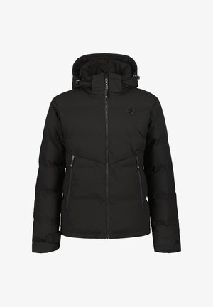 Schwarze Daunenjacke mit hohem Kragen, verstellbare Kapuze, doppelten seitlichen Reißverschlüssen und einem Logo auf der Brust. Glattes Material mit gestepptem Muster.