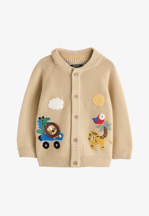 Beige strikket cardigan med knaplukning, med broderet solsikke, rød og blå fugl på palme, og gul tigerpatch.