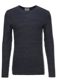 Pull en maille bleu foncé avec un col rond, des manches longues et un tissu texturé, présentant un motif horizontal subtil sur l'ensemble.