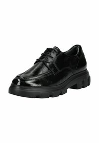 Scarpe in pelle nera con lacci, finitura lucida, punta arrotondata e suola in gomma nera robusta con motivi di tread prominenti.