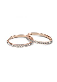 Boucles d'oreilles créoles en or rose avec une finition lisse et une rangée de pierres claires et scintillantes le long du bord extérieur. Fermeture à charnière simple.