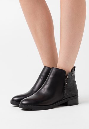 Bottes noires en cuir à talon bas avec une texture accentuée au niveau du talon, dotées d'une fermeture éclair sur le côté. Fini lisse dans l'ensemble.