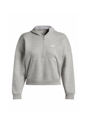 Sudadera con capucha corta en gris, fabricada con un tejido suave. Cuenta con una cremallera en el cuello y un bolsillo tipo canguro en la parte delantera, con un acento de logotipo blanco.