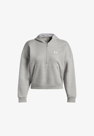 Pelēka, īsa kapuces džemperis, izgatavots no mīkstas auduma. Iespējas: ceturtā daļa rāvējslēdzis un priekšējā kangaroo kabata, ar baltu logo akcentu.