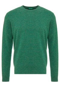Grüner Strickpullover mit langen Ärmeln, rundem Ausschnitt und weicher Textur. Einheitliche Farbe mit subtiler Melierung, keine sichtbaren Beschläge oder Akzente.