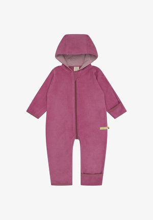 Roze fleece jumpsuit met een capuchon en lange mouwen; heeft een ritssluiting aan de voorkant en contrasterende manchetten. Zachte textuur en casual ontwerp.