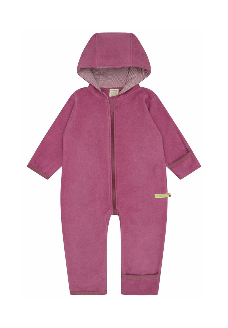Roze fleece jumpsuit met een capuchon en lange mouwen; heeft een ritssluiting aan de voorkant en contrasterende manchetten. Zachte textuur en casual ontwerp.