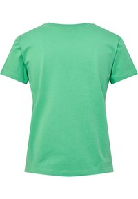 Grøn kortærmet t-shirt lavet af bomuld. Har en rund halsudskæring og en glat tekstur; enkel design uden mønstre eller detaljer.