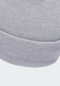 Beanie grigio lavorato a maglia con texture a coste e risvolto, realizzato in tessuto morbido, con finitura liscia e dettagli di cucitura uniformi.