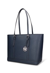 Borsa a tracolla blu navy realizzata in materiale sintetico testurizzato, con doppi manici per spalla, logo MK in tonalità oro e design minimalista.