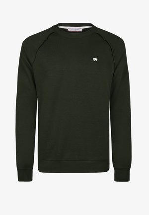 Felpa verde scuro realizzata in tessuto morbido, caratterizzata da un collo a giro e maniche raglan. Un piccolo logo di elefante bianco è ricamato sul petto.