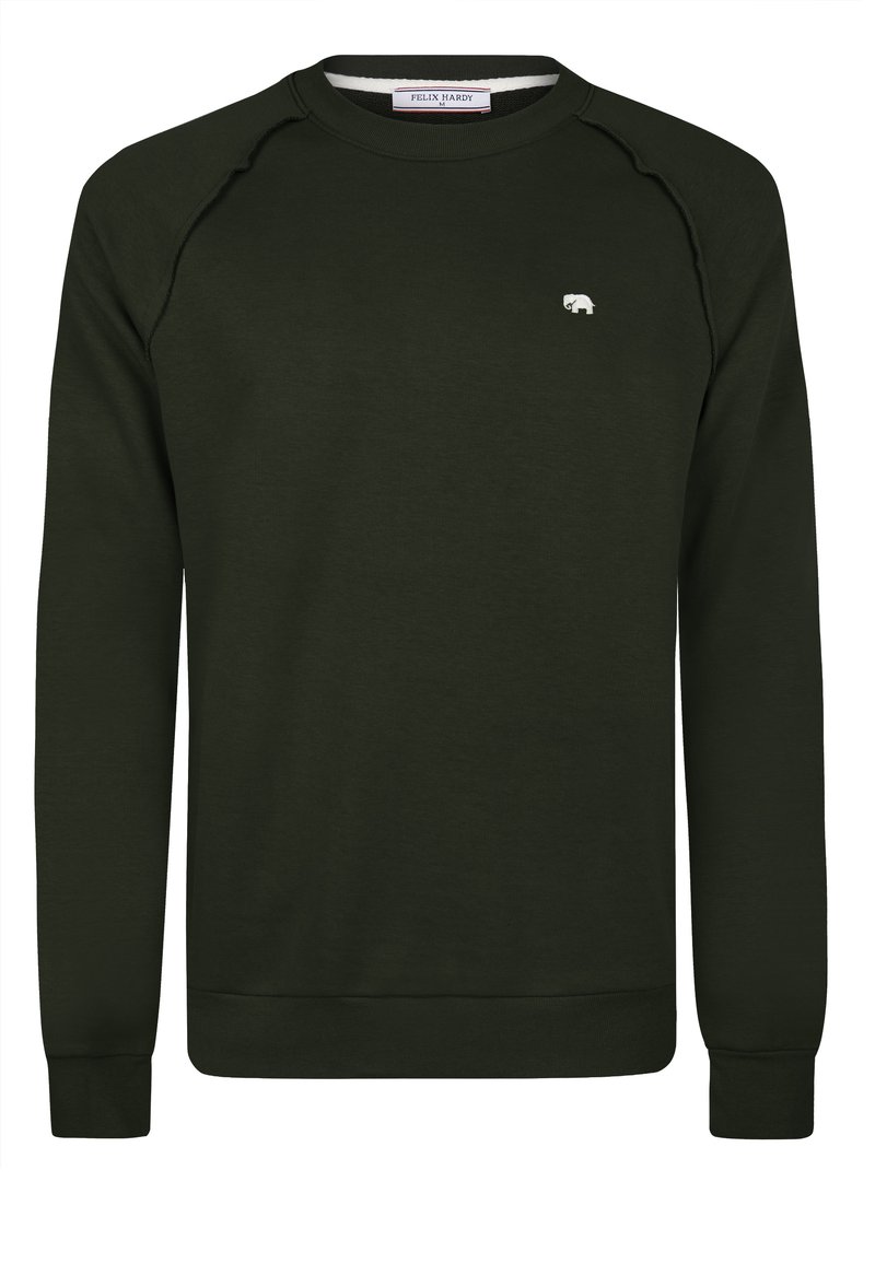 Felpa verde scuro realizzata in tessuto morbido, caratterizzata da un collo a giro e maniche raglan. Un piccolo logo di elefante bianco è ricamato sul petto.