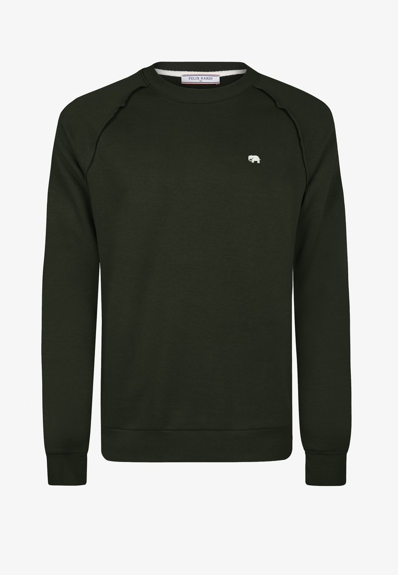 Felpa verde scuro realizzata in tessuto morbido, caratterizzata da un collo a giro e maniche raglan. Un piccolo logo di elefante bianco è ricamato sul petto.