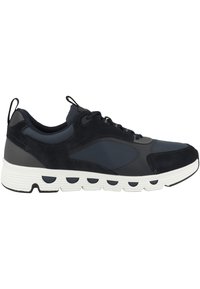 Scarpa sportiva da uomo in blu navy e grigio. Presenta una tomaia in mesh traspirante, chiusura con lacci, suola ammortizzata e suola in gomma con fori circolari.