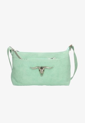 Borsa a tracolla in camoscio verde menta con emblema a teschio di longhorn argentato e tasca con cerniera, caratterizzata da tracolla in camoscio e dettaglio a catena.