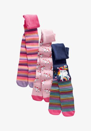 Drie paren kindersokken: roze met een eenhoornprint, gestreept in roze en paars, en marineblauw met een eenhoornontwerp en multikleurige strepen.