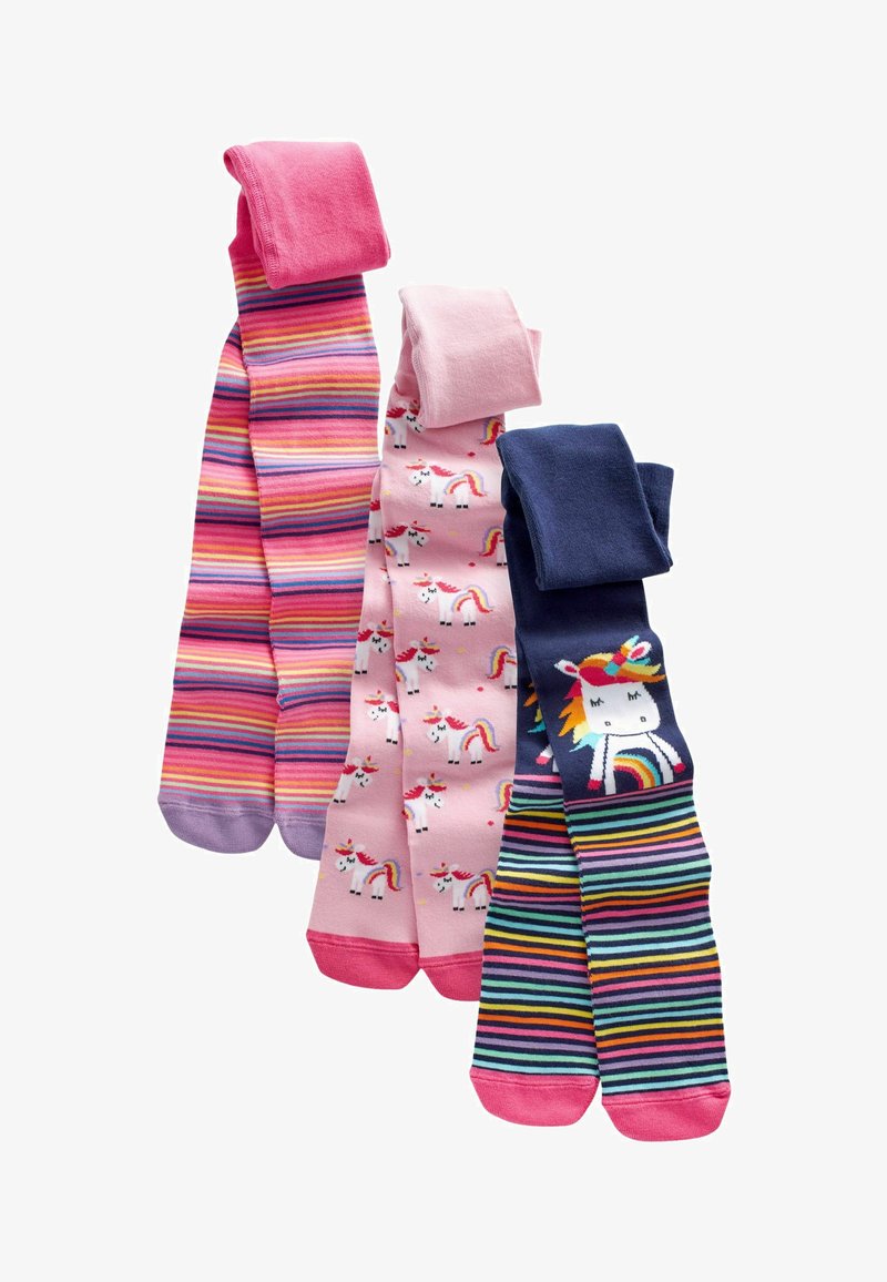 Trois paires de chaussettes pour enfants : rose avec des motifs de licornes, rayées rose et violet, et marine avec un design de licorne et des rayures multicolores.