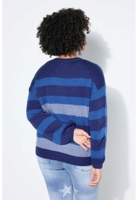 Maglione a maglia con motivo a righe blu, navy e grigio, collo rotondo e maniche lunghe. Tessuto morbido e vestibilità comoda.