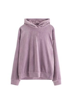 Sweat à capuche lavande en tissu doux, avec poche kangourou, coupe oversize et poignets côtelés.